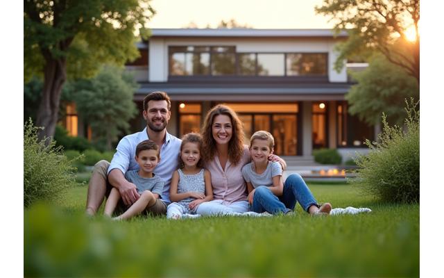 Familia sentada en un jardín, con una casa al fondo, simbolizando planificación patrimonial y legado.